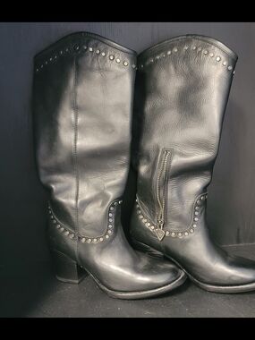 Mark Nason Black Leather Mid-Calf Studded Boots